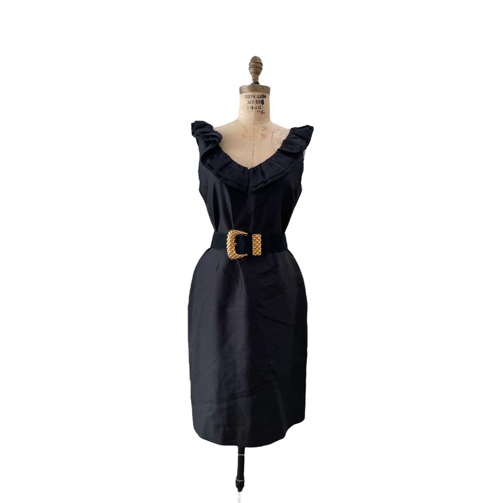 Kate Spade Dress Little Black Dupioni Silk Vee Ruffle Dress 6 Vtg St John Belt‎
